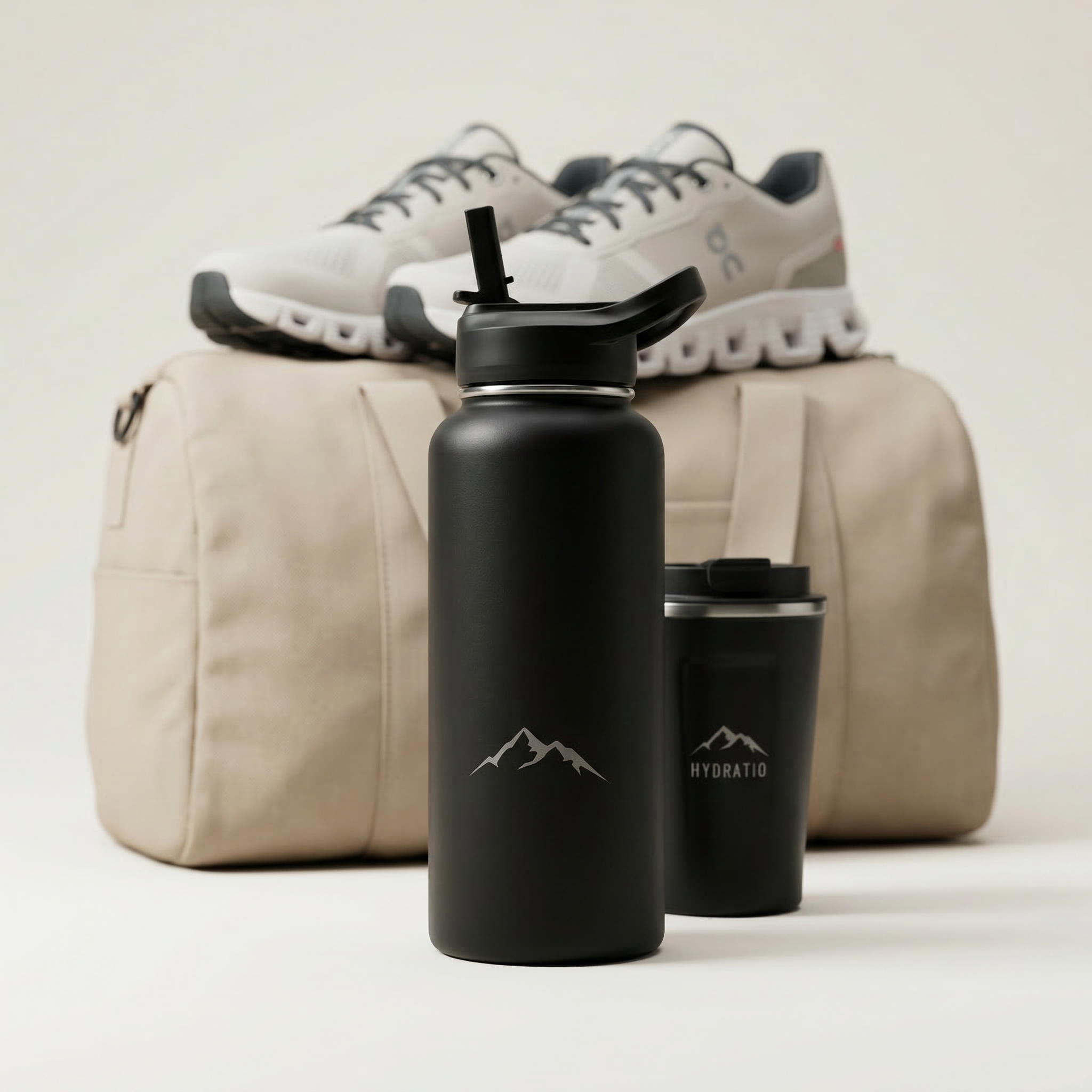 Hydratio Essence 1L Midnight Black en Eluna Mok Onyx voor cream sporttas met On Cloud sneakers — De Onyx Bundle