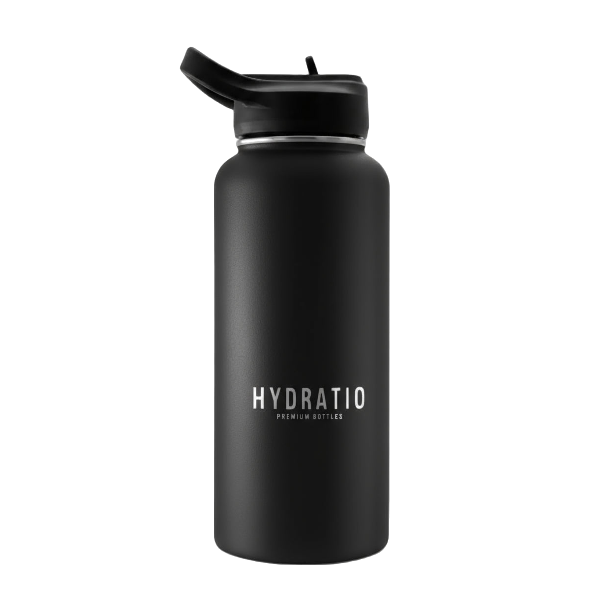 Hydratio Essence Thermosfles 1 liter in midnight black — voorkant met logo